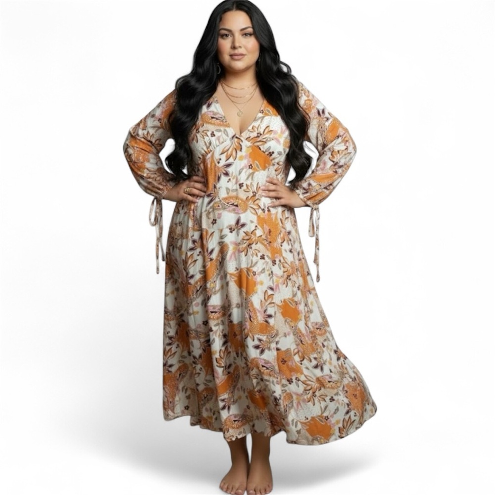 Böhme Cream Orange Floral Paisley Maxi Boho Dress Size Medium Balloon Sleeve - Picture 1 of 11